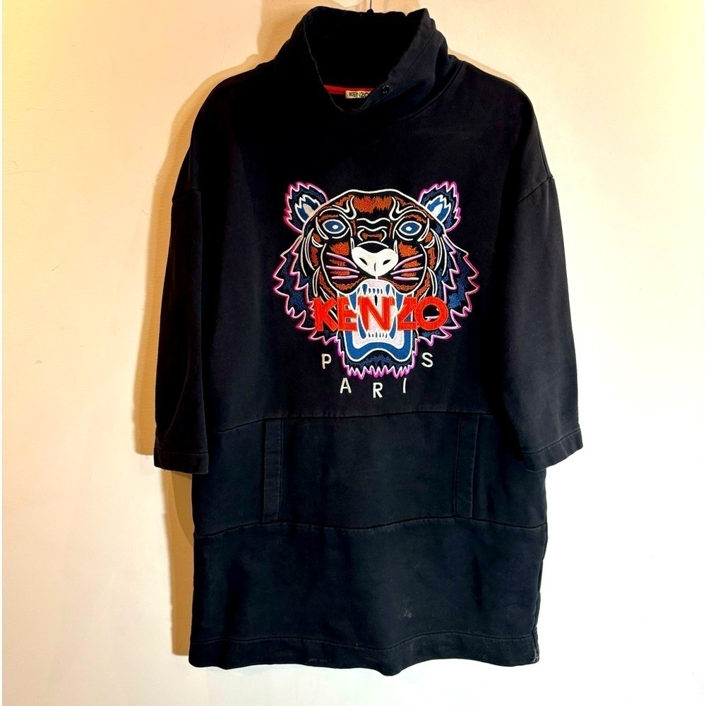 KENZO Sz M Embroidered Tiger Long Line Funnel Neck Front Pocket Sweatshirt Top